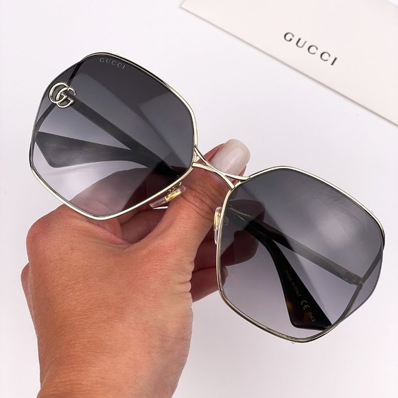 🔥 Gucci GG0818SA 005 Sunglasses Gray Gold Metal Women